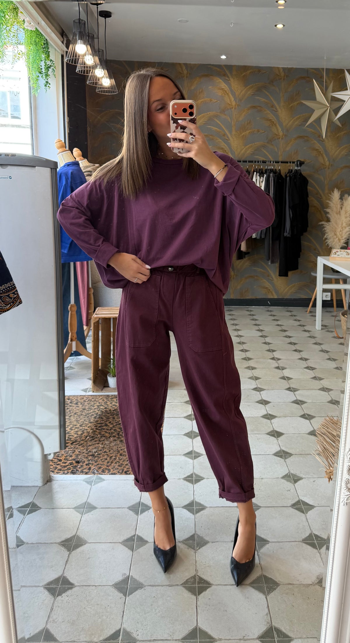 Pantalon en toile forme ballon prune - Johanna Paris