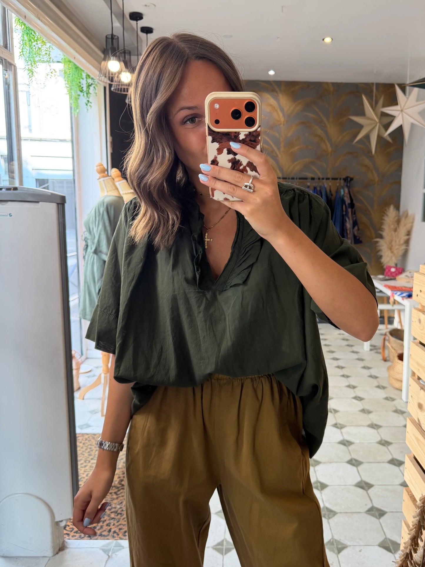Blouse Aria manches courtes kaki en coton - Johanna Paris