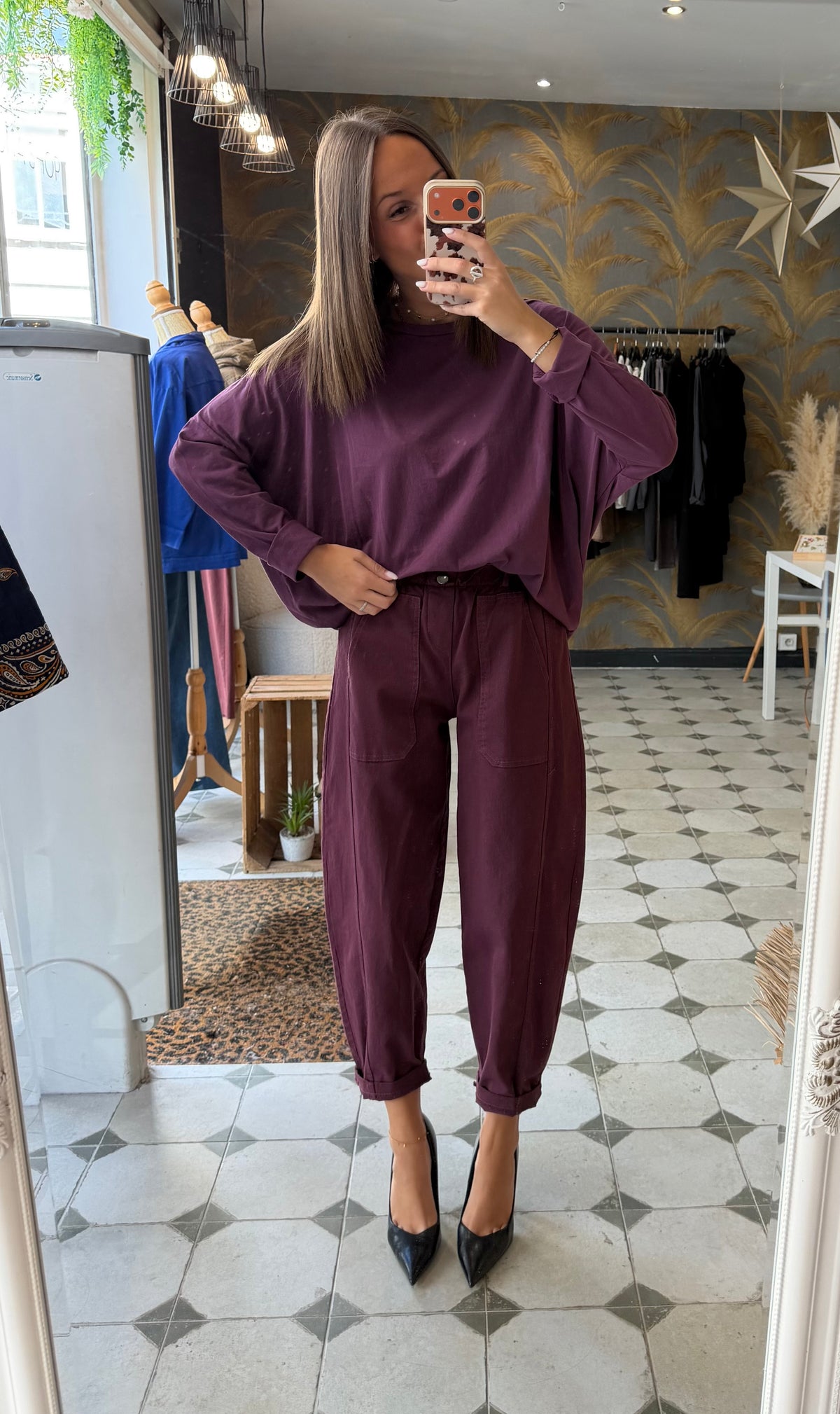 Pantalon en toile forme ballon prune - Johanna Paris
