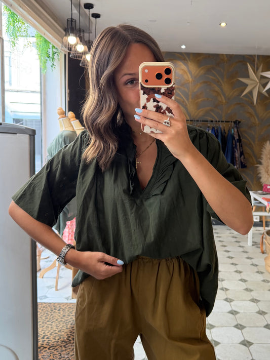 Blouse Aria manches courtes kaki en coton - Johanna Paris