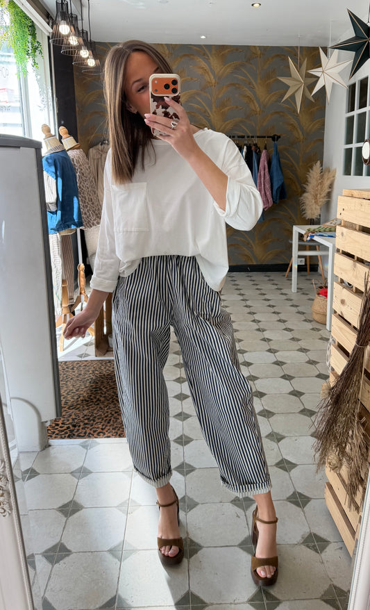 Pantalon magique rayé blanc et bleu - Johanna Paris