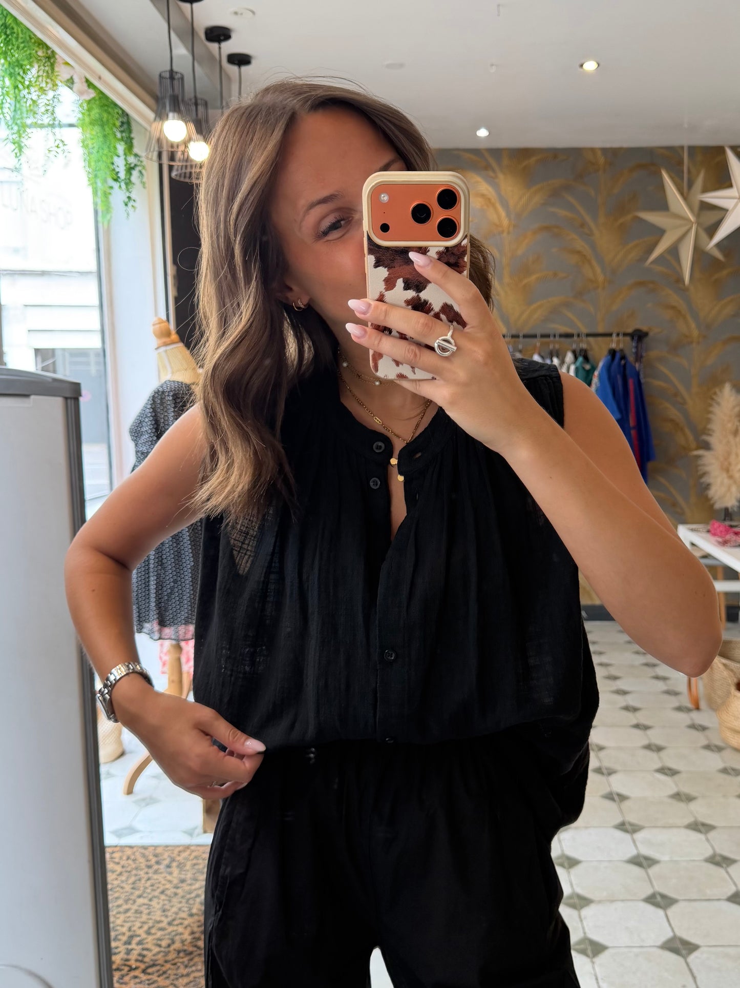 Chemise Clémentine sans manches en garza noire - Johanna Paris
