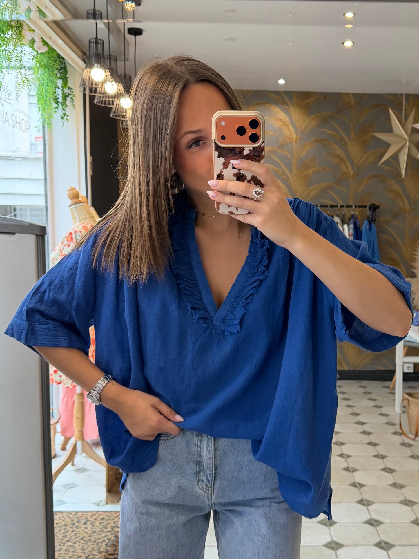 Blouse Aria manches courtes bleu électrique en coton - Johanna Paris