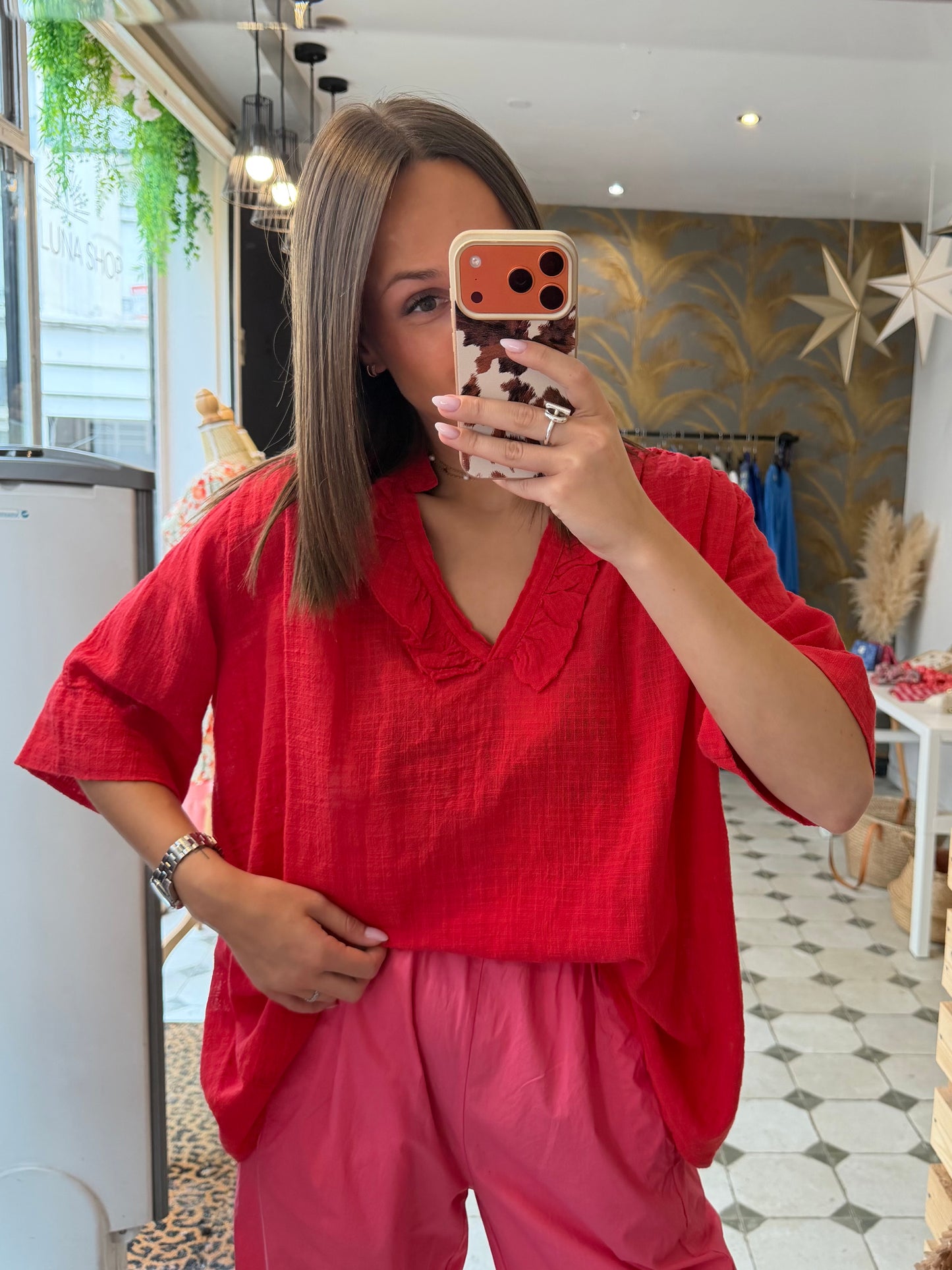 Blouse Aria manches courtes rouge en Garza - Johanna Paris