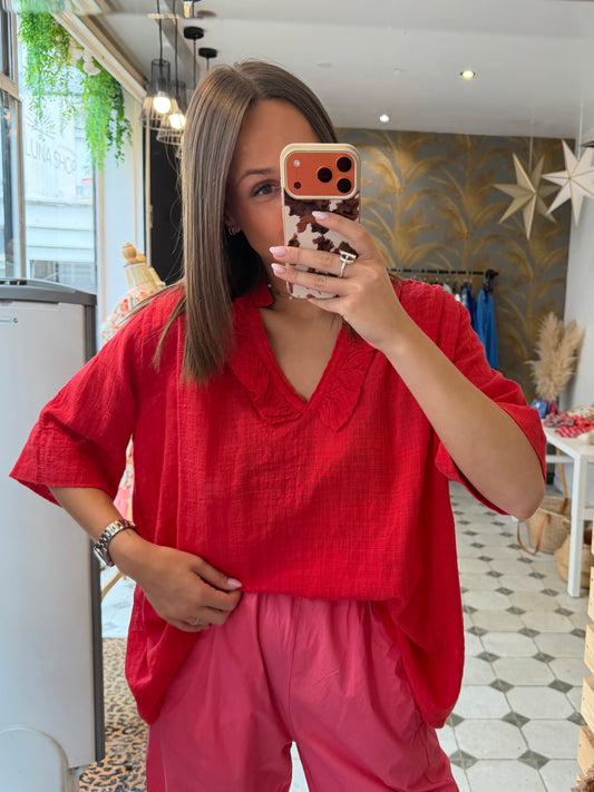 Blouse Aria manches courtes rouge en Garza - Johanna Paris