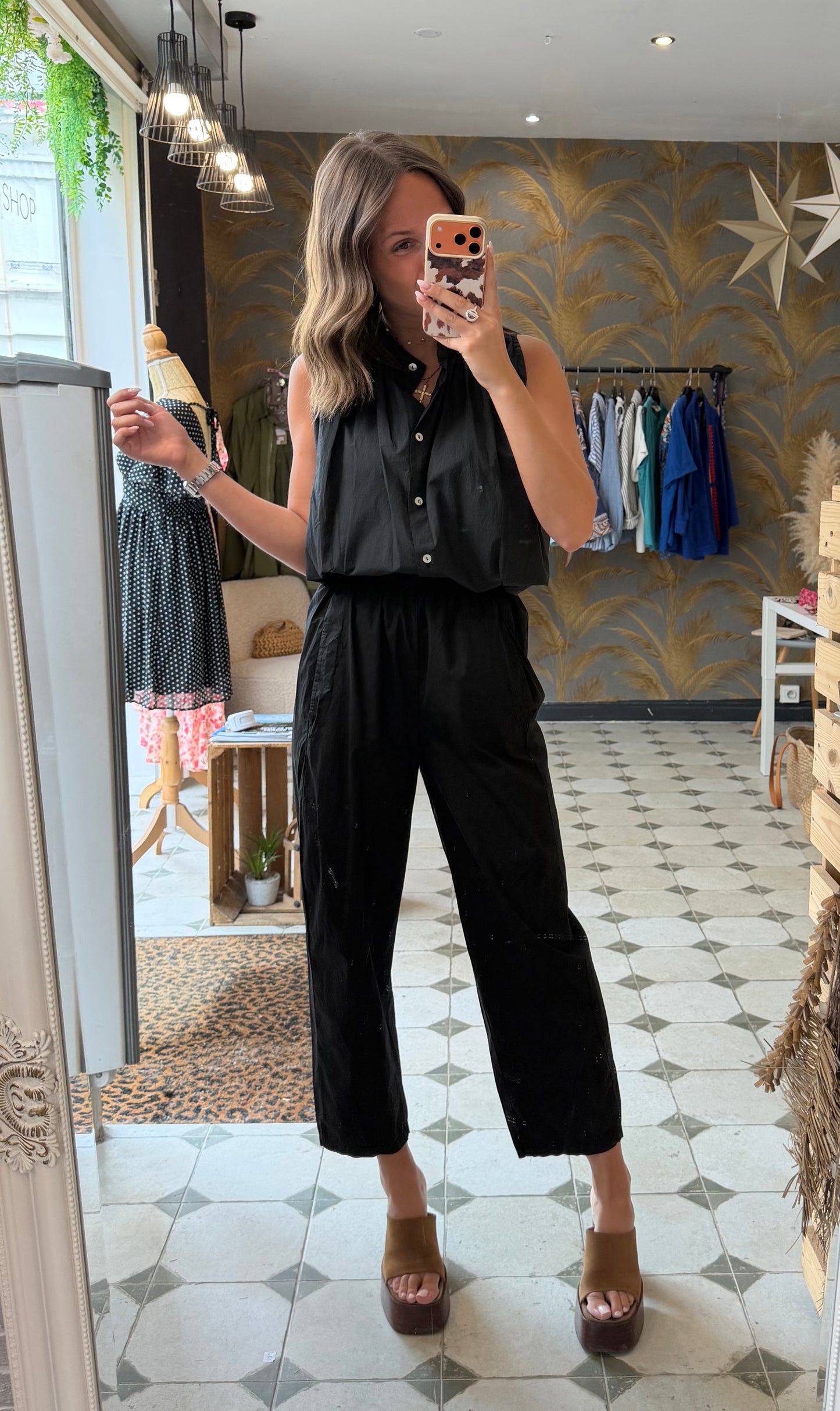 Chemise Clémentine sans manches en toile parachute noir - Johanna Paris