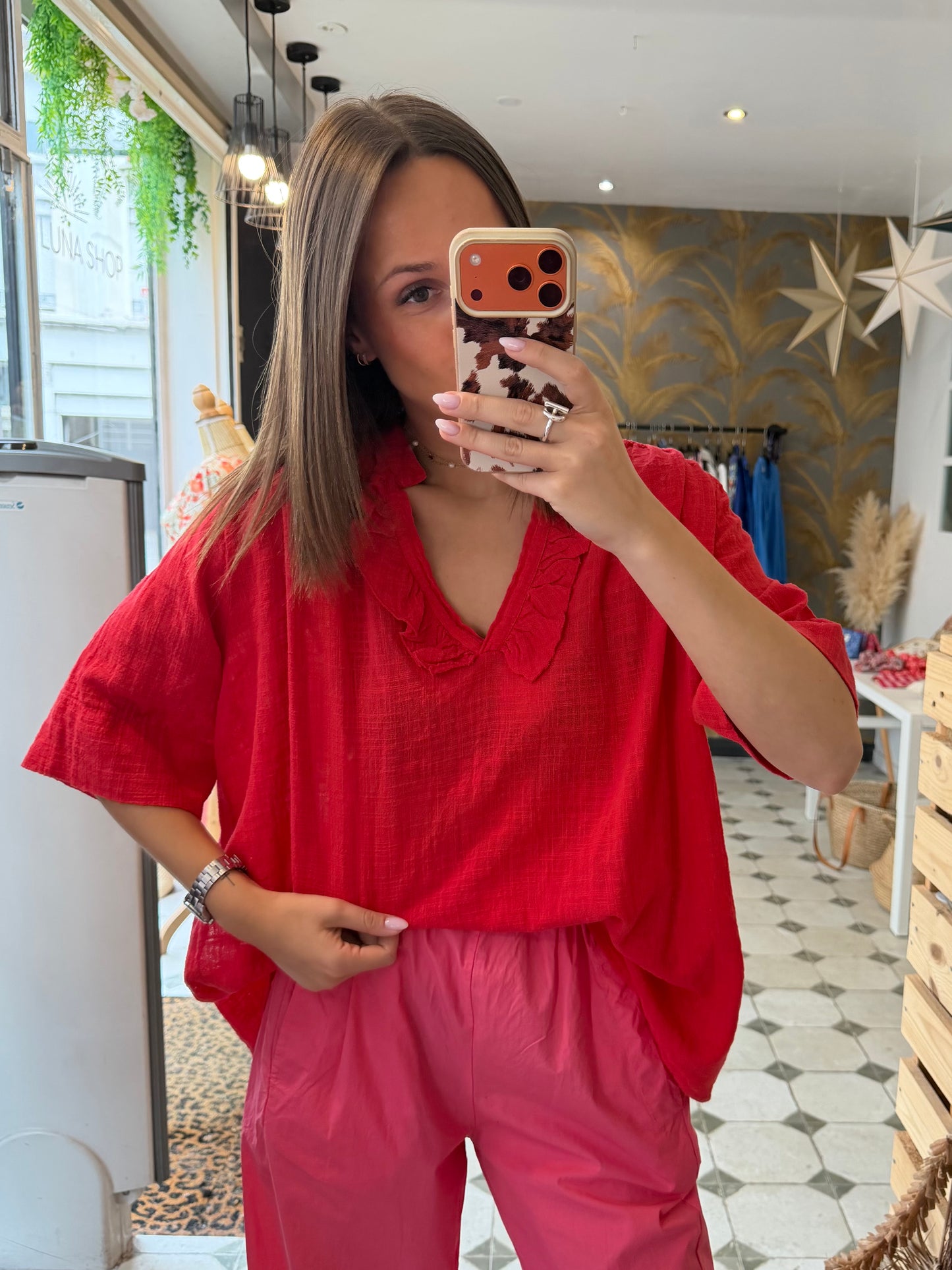 Blouse Aria manches courtes rouge en Garza - Johanna Paris