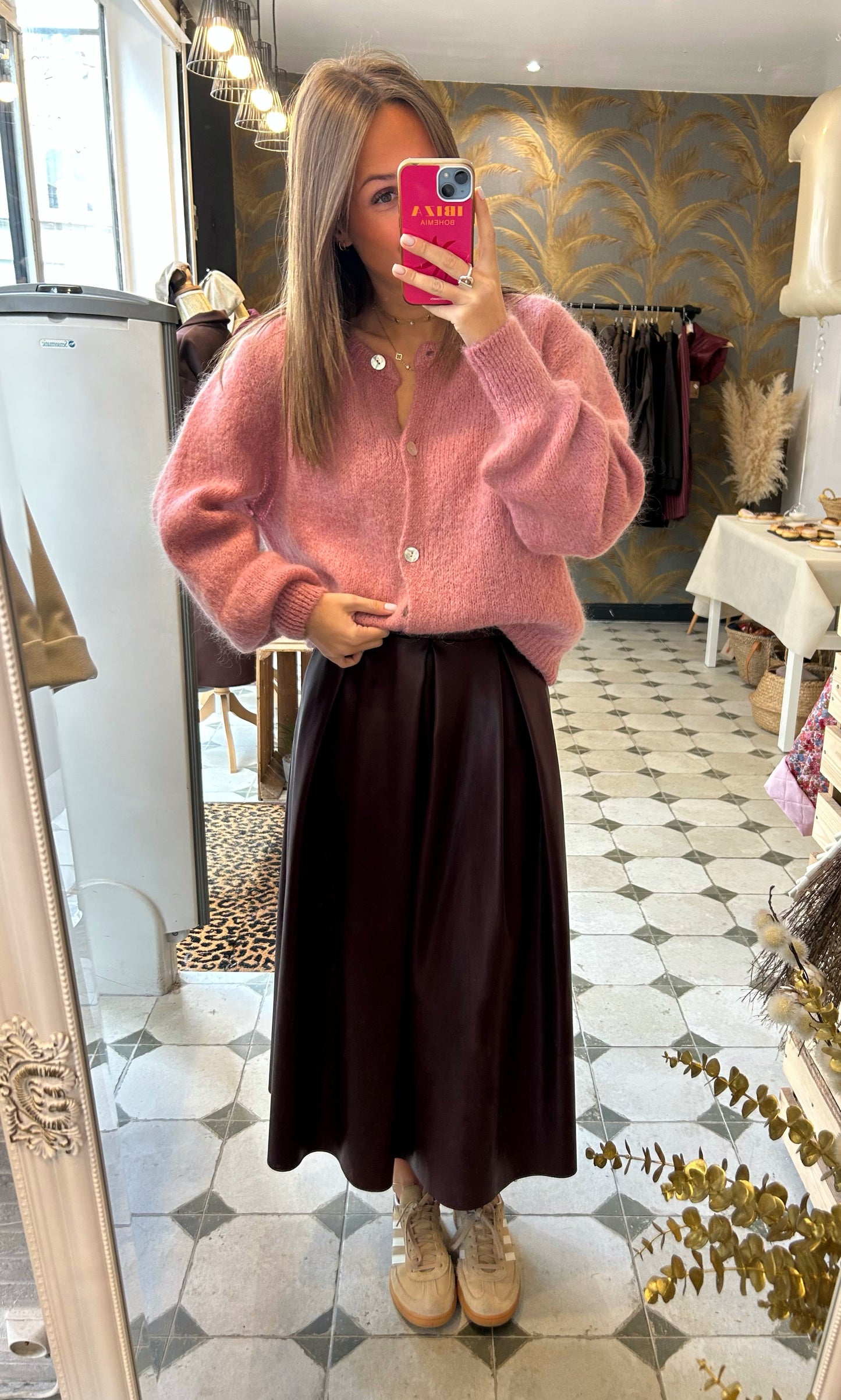 Jupe longue Marlène en simili-cuir prune - Johanna Paris