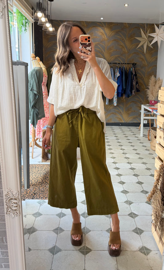 Pantalon en toile avec des liens vert olive - Johanna Paris