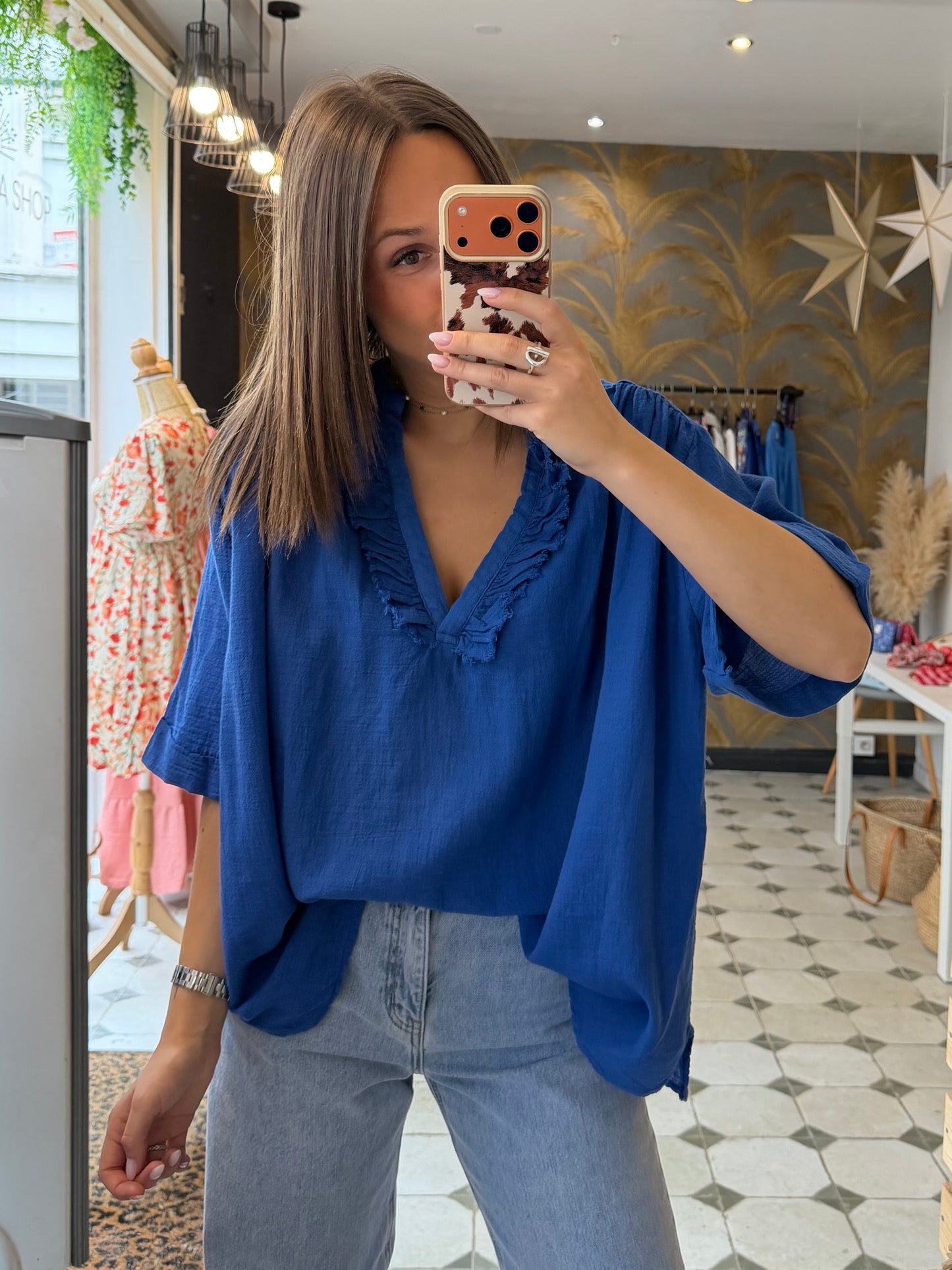 Blouse Aria manches courtes bleu électrique en coton - Johanna Paris