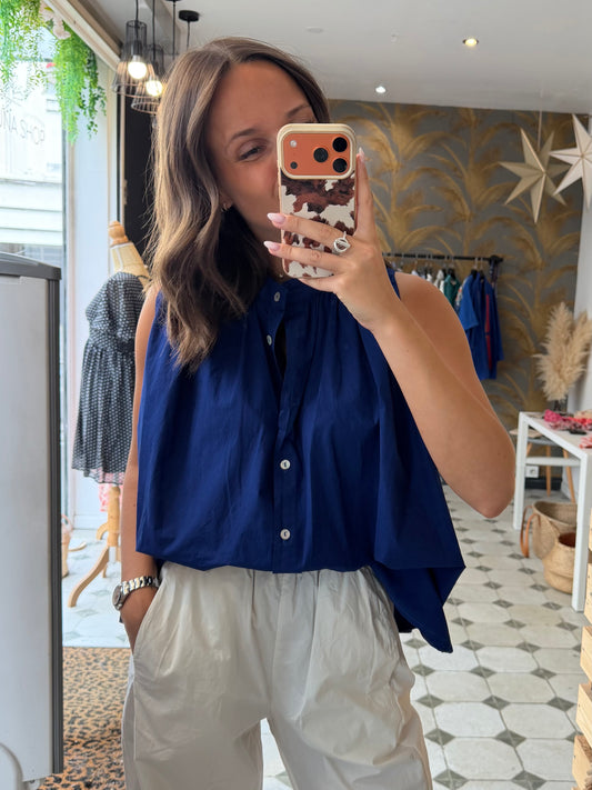 Chemise Clémentine sans manches en toile parachute bleu royal - Johanna Paris