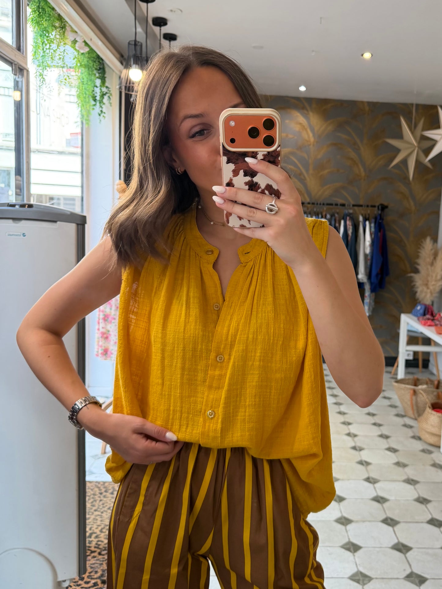 Chemise Clémentine sans manches en garza curry - Johanna Paris