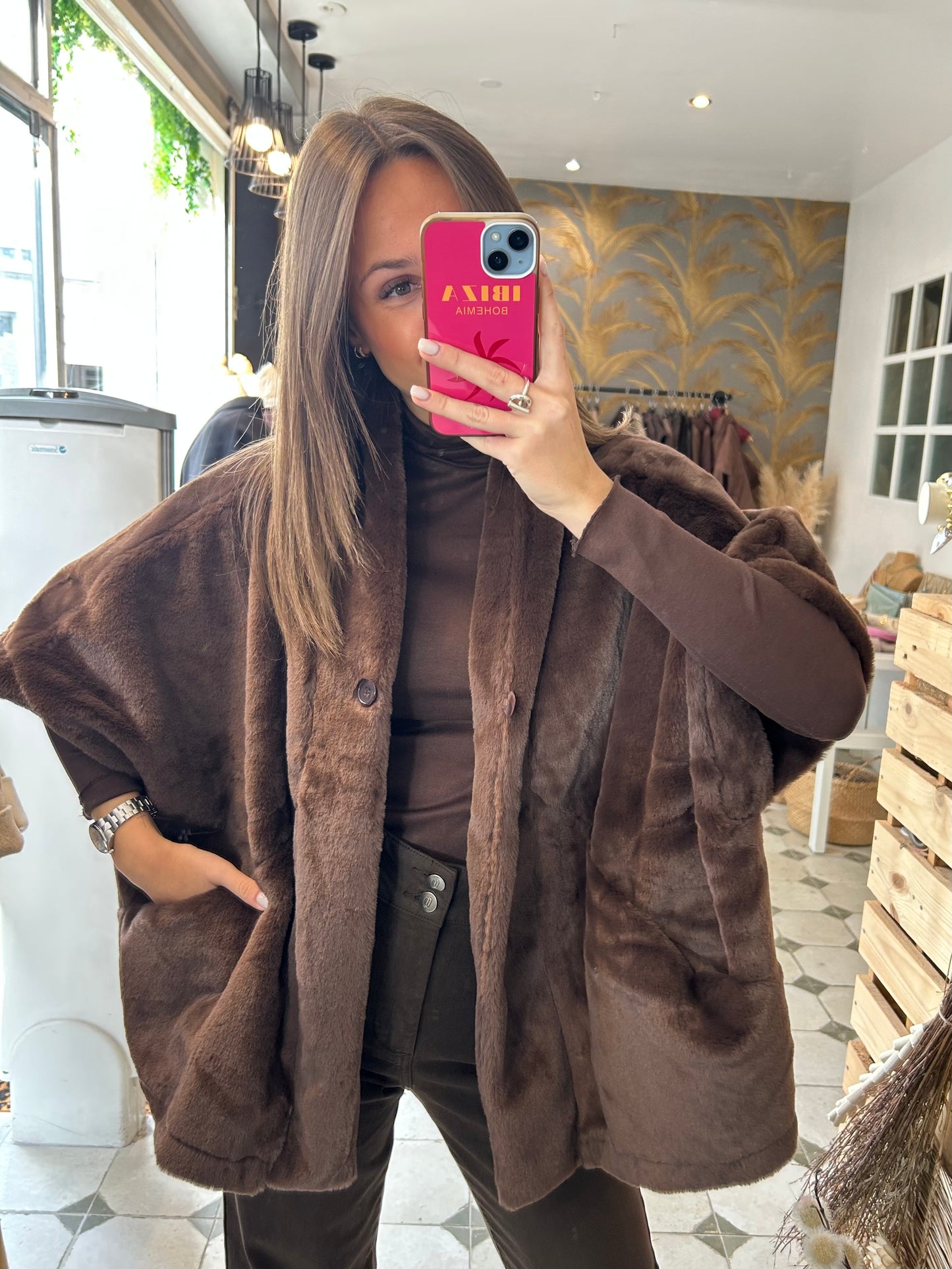 Veste/Cape en fausse fourrure chocolat