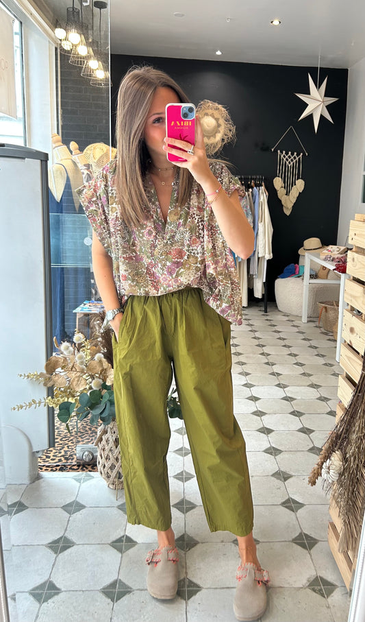 Pantalon Magique en toile fine vert olive - Johanna Paris