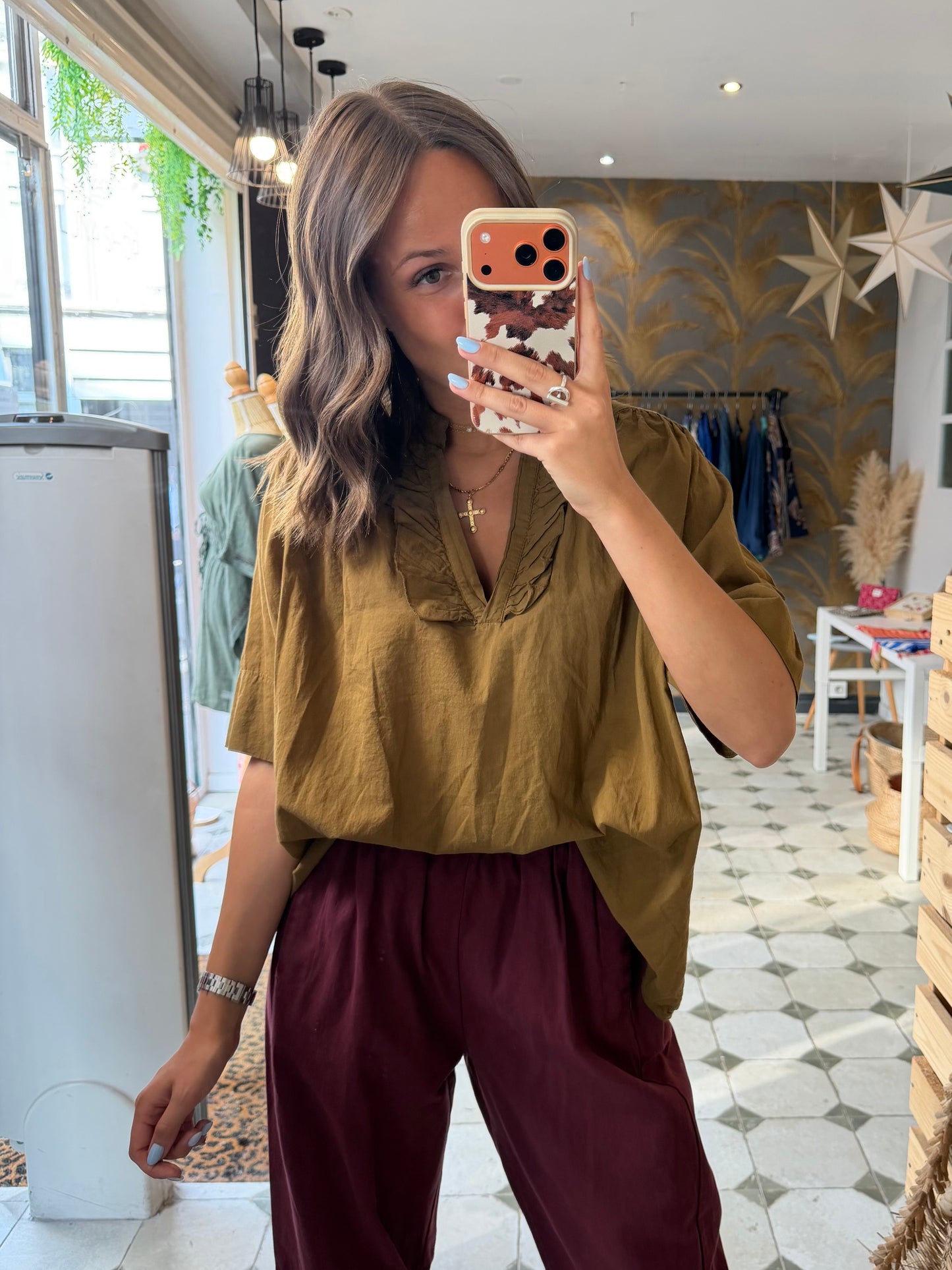 Blouse Aria manches courtes Camel en coton - Johanna Paris
