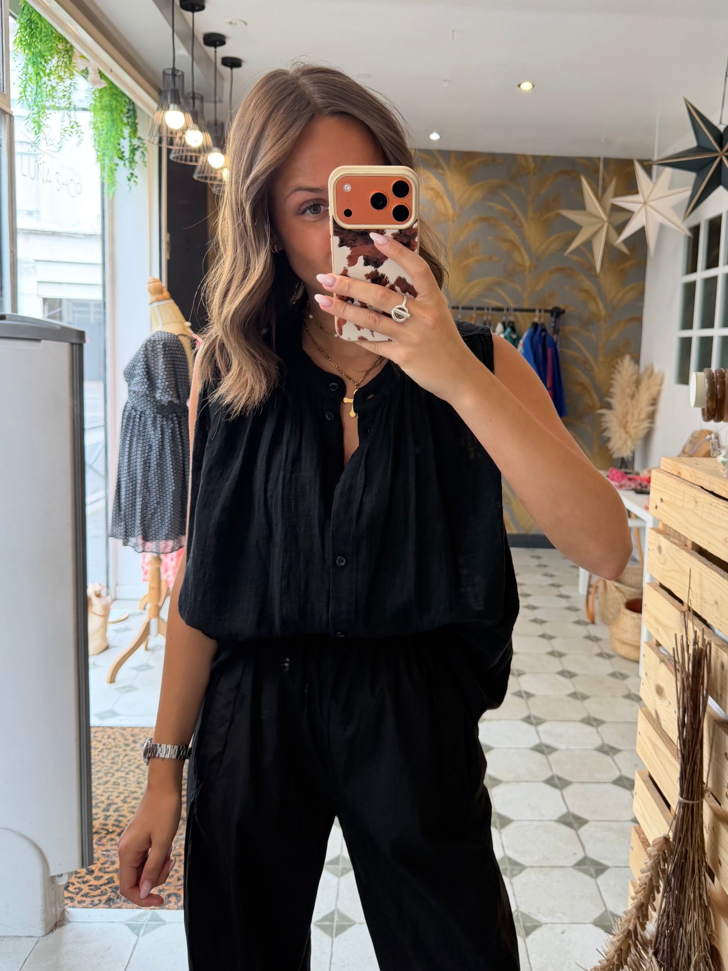 Chemise Clémentine sans manches en garza noire - Johanna Paris