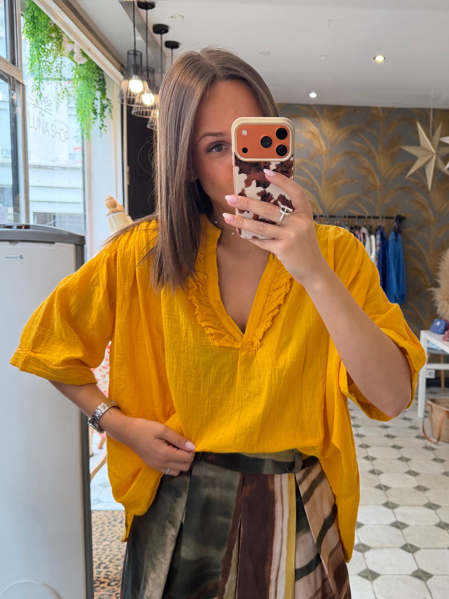 Blouse Aria manches courtes jaune en coton - Johanna Paris