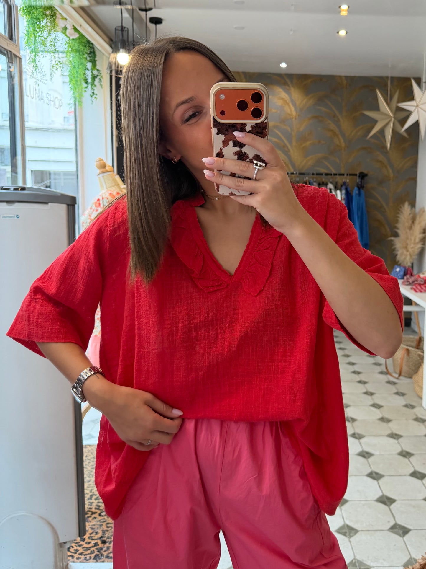 Blouse Aria manches courtes rouge en Garza - Johanna Paris