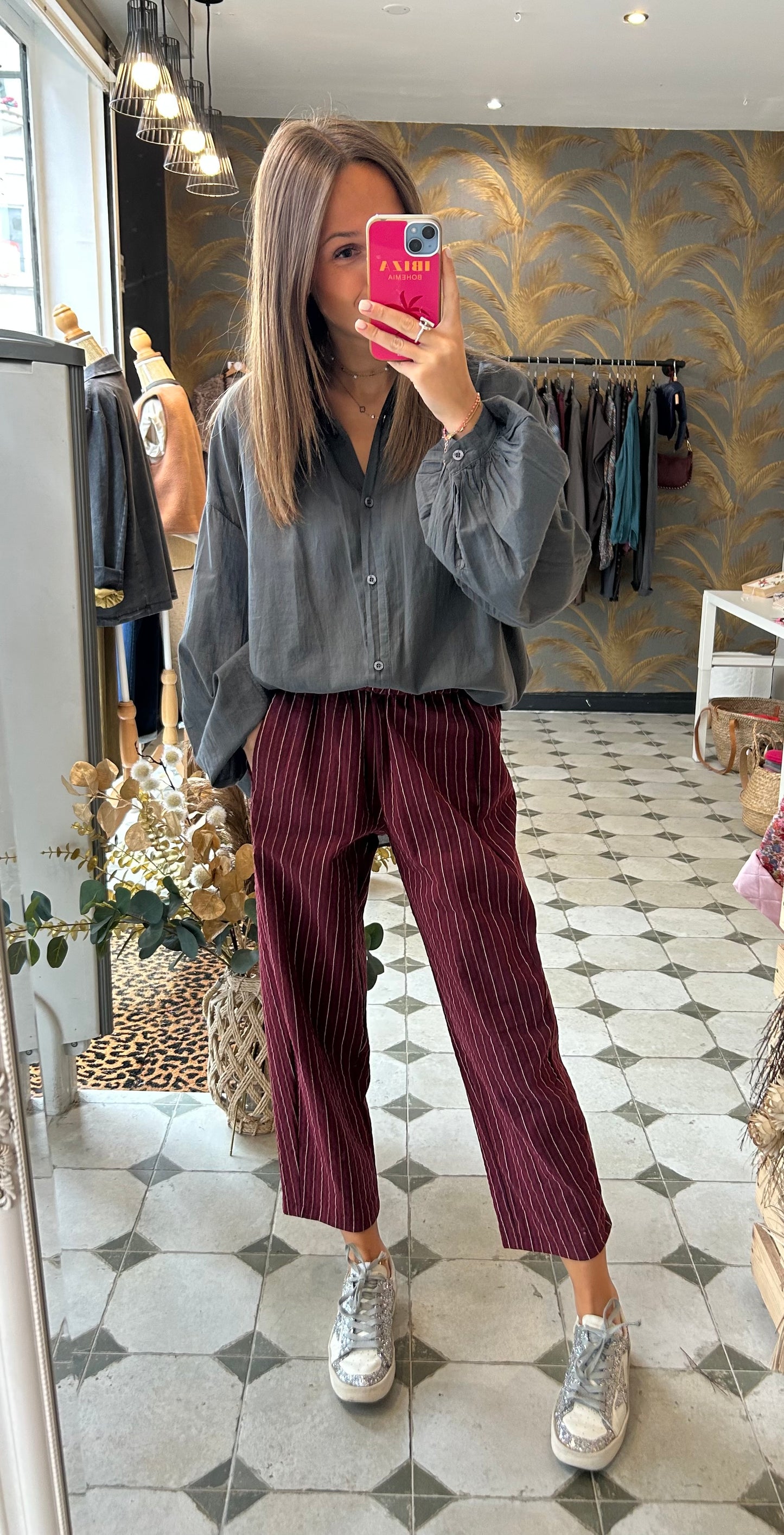 Pantalon Magique rayé bordeaux- Johanna Paris