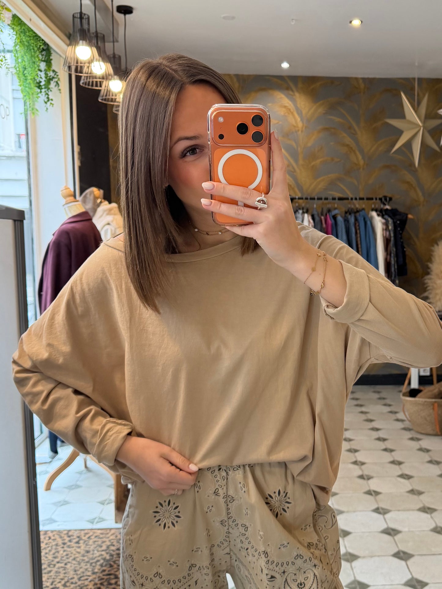 T-Shirt Col Bateau beige Manches longues - Johanna Paris