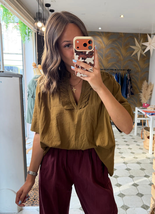 Blouse Aria manches courtes Camel en coton - Johanna Paris