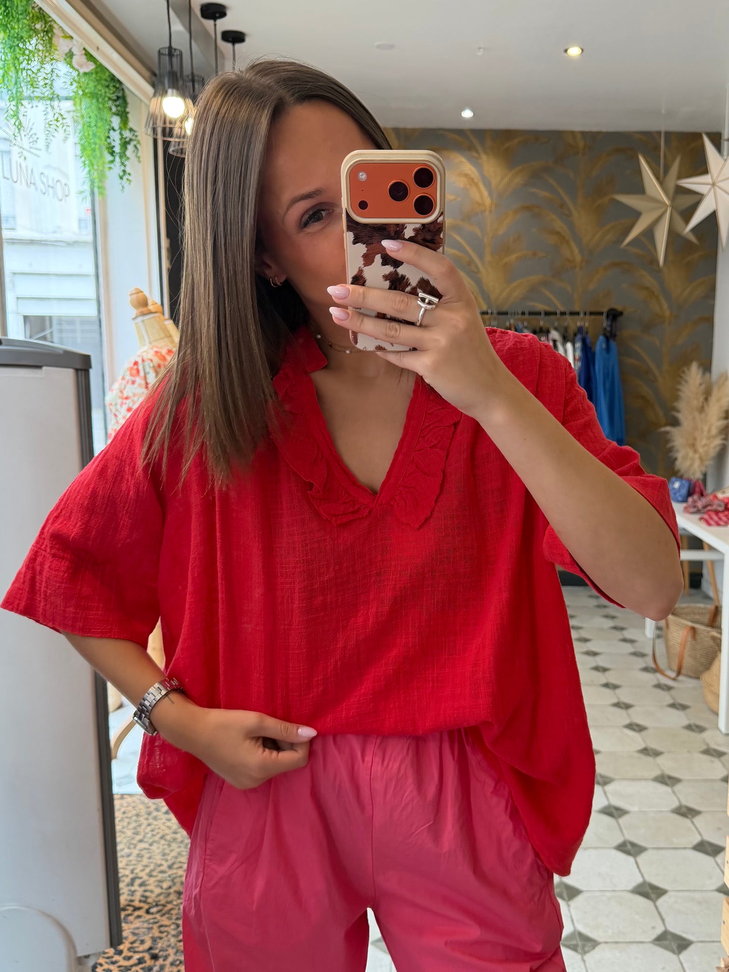Blouse Aria manches courtes rouge en Garza - Johanna Paris