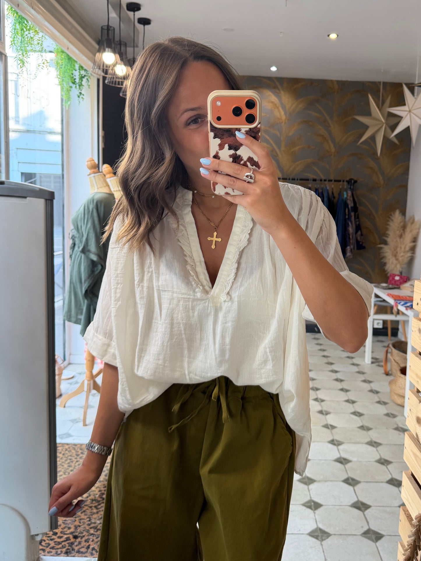Blouse Aria manches courtes écru en coton - Johanna Paris