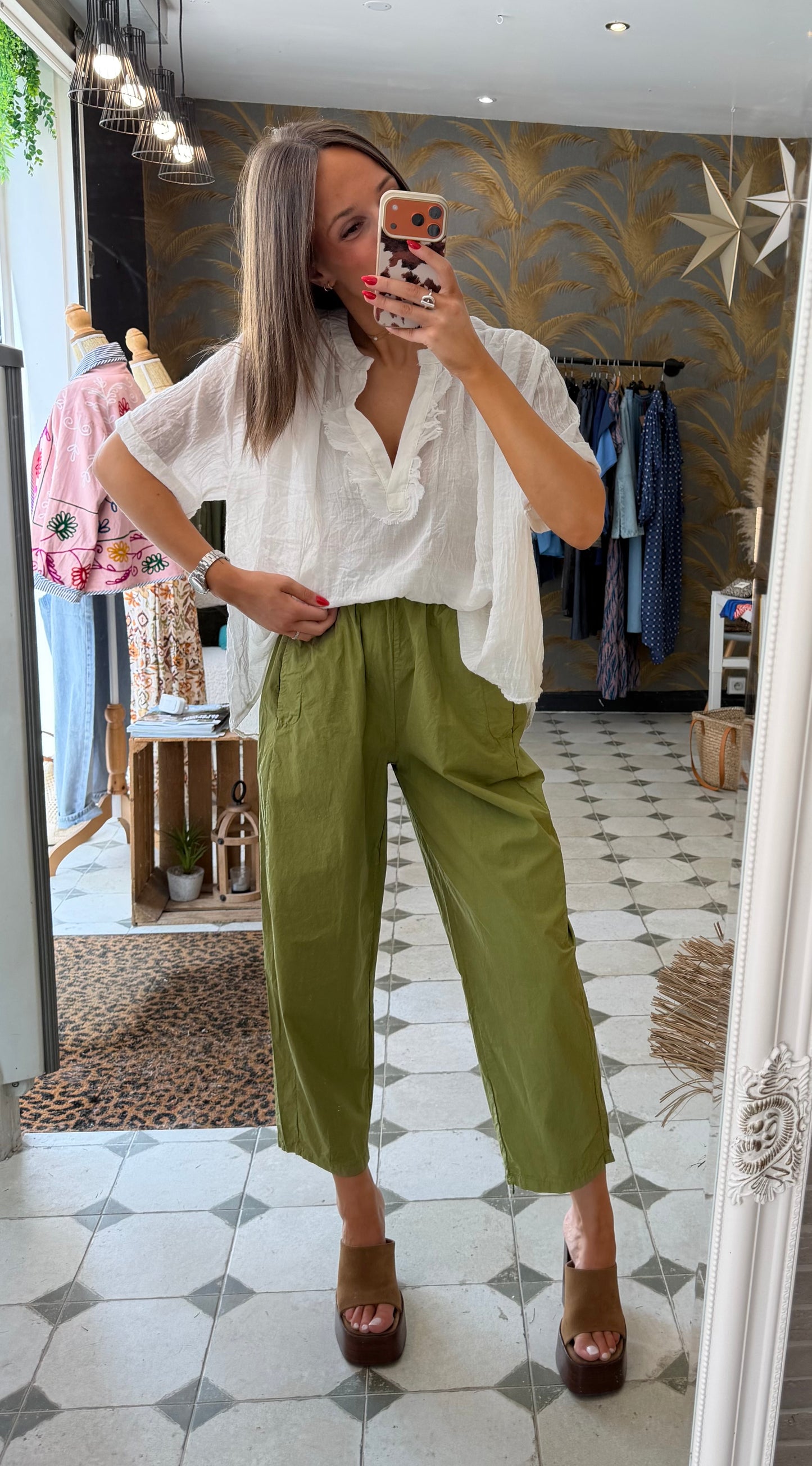 Pantalon Magique en toile fine vert olive - Johanna Paris