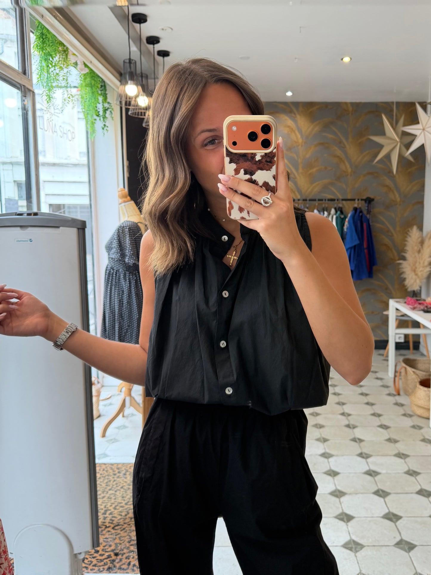 Chemise Clémentine sans manches en toile parachute noir - Johanna Paris