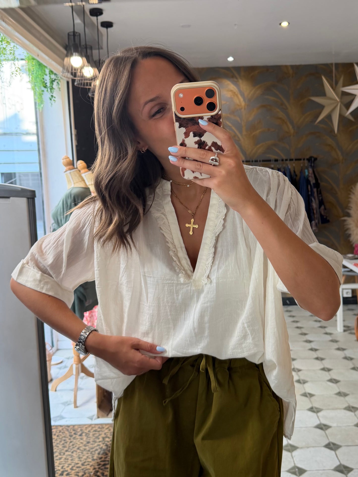 Blouse Aria manches courtes écru en coton - Johanna Paris